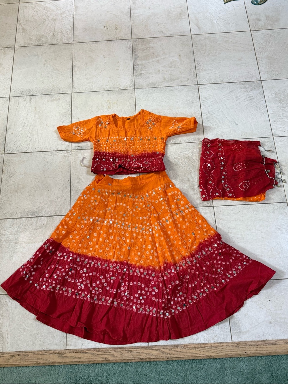 Vintage 3 Piece Indian Outfit Set Blouse Skirt Dupatta Orange Red Traditional